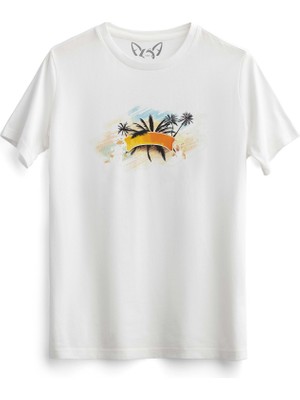 Alfa Tshirt Palmiye Resimli Tasarımlı Baskılı Beyaz Tshirt