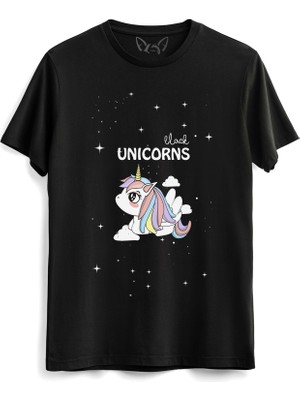 Alfa Tshirt Unıcorn Resimli Dijital Baskılı Siyah Tshirt