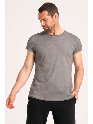 Yüksek Kalite %100 Pamuk Kumaş Arkası Uzun Erkek Tişört, Regular Fit Yağ Yıkama (Dirty Oil) Gri Tshirt