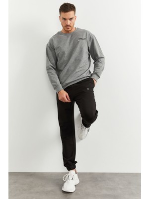Tommy Life Gri Melanj - Siyah Casual O Yaka Lastik Paça Pamuklu Erkek Oversize Eşofman Takımı - 85120
