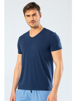 Cacharel 1332 V Yaka Kısa Kollu Erkek T-Shirt - Indigo