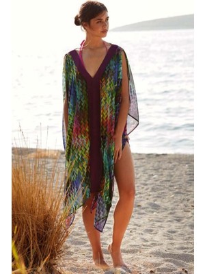 Jülyet Giyim Kadın Penye Mood V Yaka Kolsuz Asimetrik Sırtı Boncuk Dekolte Detay Renkli Mor Şeritli Kaftan Pareo