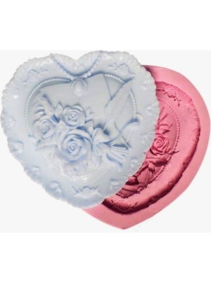 Morlalem Gül Kabartma 10cm Kalp Silikon Kalıp K-332, Kokulu Taş Sabun Alçı Mum Kalıbı