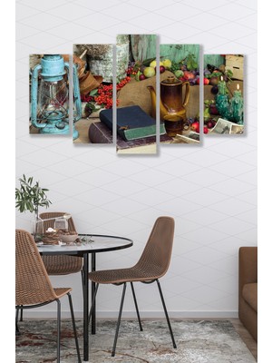 Düş Duvarı 5 Parça Fener Gaz Lambası Kitap Desenli Mdf Duvar Tablosu