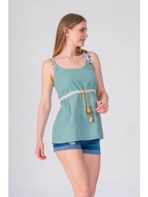 Narina Şile Bezi Kumaşından Ince Askılı Kol Yazlık Bisiklet Yaka Omuzu Beli Püsküllü