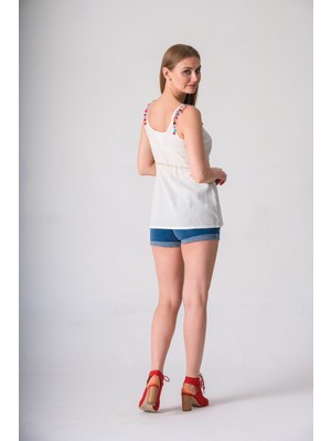 Narina Şile Bezi Kumaşından Ince Askılı Kol Yazlık Bisiklet Yaka Omuzu Beli Püsküllü