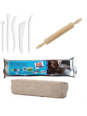 Hobialem Kil Hamuru Set-1 Seramik Hamuru Başlangıç Seti Ebeşuar Merdane 1 kg Beyaz Kil