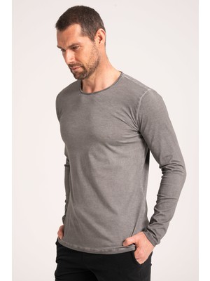 %100 Pamuk Yüksek Kalite Normal Fit Erkek Tişört, Yağ Yıkama (Dirty Oil) Uzun Kollu Gri Tshirt