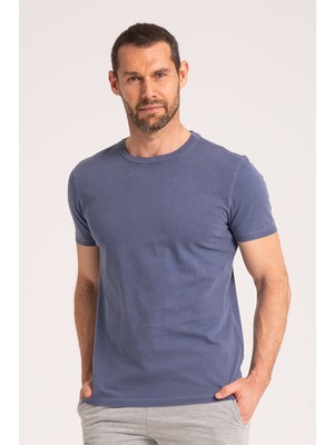 Yuvarlak Yaka Normal Fit Erkek Lacivert Tişört, %100 Pamuk Basic Erkek Tshirt