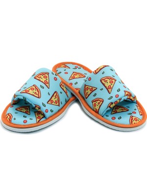 Chochili Unisex Mavi Pizza Desenli Önü Açık Yumuşak Tabanlı Ev Terlik