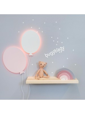 Bugy Bagy Bugybagy - 2 Li  Dekoratif Ahşap Duvar Aydınlatma Seti -  2 Adet Pembe-Beyaz Uçan Balon ( 30X30CM) + 112 Adet 3-4-5cm Beyaz Yıldız Sticker