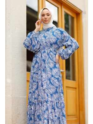 Meqlife Yaprak Desenli Elbise-Mavi