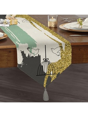 Real Homes Kafes ve Kuş Motifli Gold Modern Motifler Dijital Baskılı Özel Tasarım Püsküllü Şönil Üçgen Runner