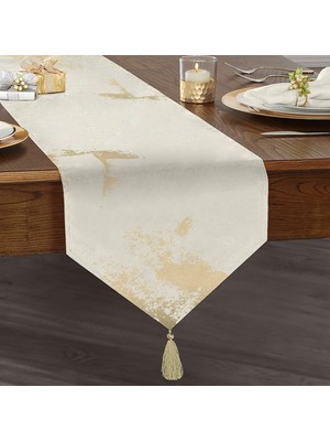 Real Homes Krem Zeminli Gold Detaylı Mermer Tasarımlı Dijital Baskılı Dekoratif Püsküllü Şönil Üçgen Runner