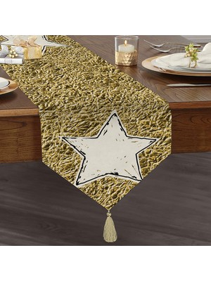Real Homes Gold Zeminli Beyaz Yıldız Desenli Dijital Baskılı Özel Tasarım Püsküllü Şönil Üçgen Runner