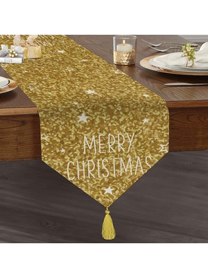 Real Homes Gold Zeminde Merry Christmas Yazılı  Dijital Baskılı Özel Tasarım Püsküllü Şönil Üçgen Runner