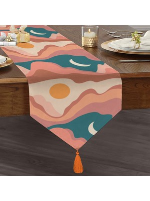 Real Homes Pastel Renkli Zemin Üzerinde Ay Güneş Temalı Dijital Baskılı Özel Tasarım Püsküllü Şönil Üçgen Runner