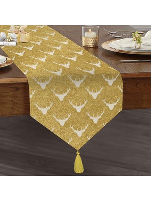Real Homes Gold Zemin Üzerinde Geyik Desenli Dijital Baskılı Özel Tasarım Püsküllü Şönil Üçgen Runner