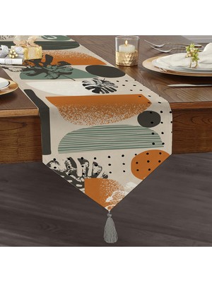 Real Homes Pastel Zeminli Yaprak Desenli Dijital Baskılı Özel Tasarım Püsküllü Şönil Üçgen Runner