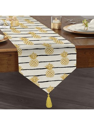 Real Homes Beyaz Zemin Üzerinde Gold Renkli Ananas Desenli Dijital Baskılı Özel Tasarım Püsküllü Şönil Üçgen Runner