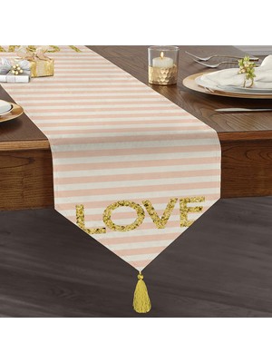 Real Homes Beyaz Zemin Üzerinde Renkli Çizgili Gold Detaylı Love Yazılı Dijital Baskılı Özel Tasarım Püsküllü Şönil Üçgen Runner