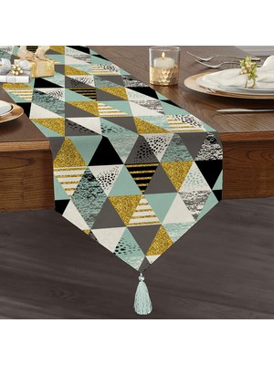 Real Homes Pastel Zemin Üzerinde Gold Detaylı Geometrik Desenli Dijital Baskılı Özel Tasarım Püsküllü Şönil Üçgen Runner