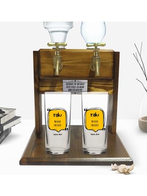 BK Kişiye Özel Renkli Baskılı Mey Biter Saki Kalır Tasarımlı Ikili Rakı Bardağı ve Çift Musluklu Doğal Ahşap Rakı Standı-1