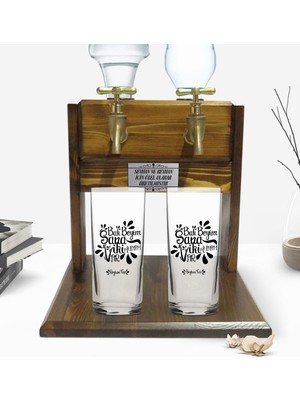 BK Kişiye Özel Renkli Baskılı Yeşilçam Replikleri Bak Beynim Tasarımlı Ikili Rakı Bardağı ve Çift Musluklu Doğal Ahşap Rakı Standı-2