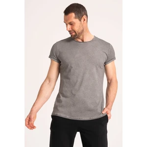 Yüksek Kalite %100 Pamuk Kumaş Arkası Uzun Erkek Tişört, Regular Fit Yağ Yıkama (Dirty Oil) Gri Tshirt