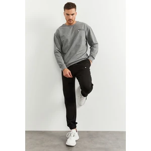 Gri Melanj - Siyah Casual O Yaka Lastik Paça Pamuklu Erkek Oversize Eşofman Takımı - 85120