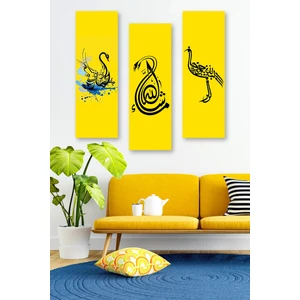 Düş Duvarı 3 Parça Sarı Dini Motifler  Desenli Mdf Duvar Tablosu