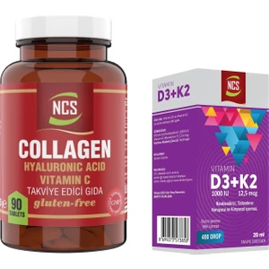 Collagen 1000 Mg Hidrolize Hyaluronic Acid Vitamin C 90 Tablet & Ncs Vitamin D3 + K2 Damla 20 ml