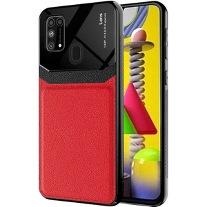 noktaks - Samsung Galaxy M31 - Kılıf Deri Görünümlü Parlak Mika Tasarımlı Emiks Kapak - Kırmızı - T17600
