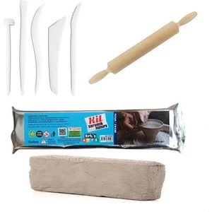 Kil Hamuru Set-1 Seramik Hamuru Başlangıç Seti Ebeşuar Merdane 1 kg Beyaz Kil