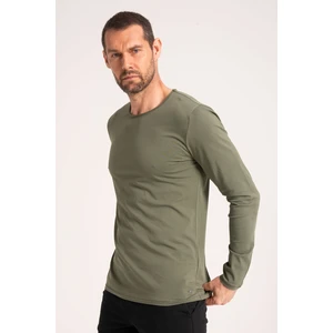 %100 Pamuk Yüksek Kalite Normal Fit Erkek Tişört, Yağ Yıkama (Dirty Oil) Uzun Kollu Yeşil Tshirt