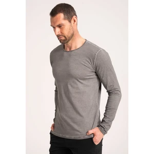 %100 Pamuk Yüksek Kalite Normal Fit Erkek Tişört, Yağ Yıkama (Dirty Oil) Uzun Kollu Gri Tshirt