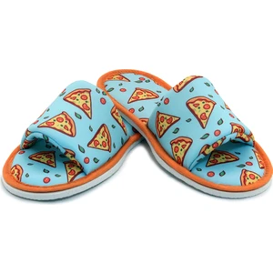Unisex Mavi Pizza Desenli Önü Açık Yumuşak Tabanlı Ev Terlik