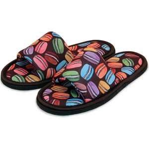 Unisex Kahverengi Macaron Desenli Önü Açık Yumuşak Tabanlı Ev Terlik