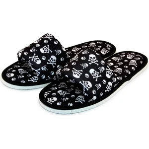 Erkek Siyah Kuru Kafa Desenli Önü Açık Yumuşak Tabanlı Ev Terlik