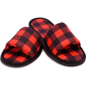 Erkek Kırmızı Oduncu Desenli Önü Açık Yumuşak Tabanlı Ev Terlik