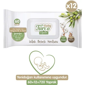 Baby Turco Doğadan Yenidoğan Islak Bebek Havlusu 12x60 Yaprak