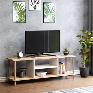 Tv Sehpası Raflı Tv Ünitesi Televizyon Sehpası Ahşap Ayaklı Çam Gövde - Beyaz Raflı