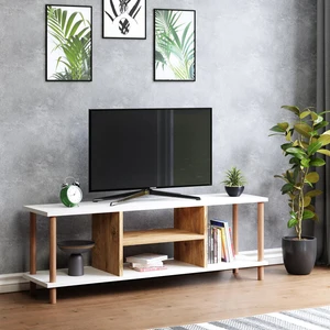 Tv Sehpası Raflı Tv Ünitesi Televizyon Sehpası Ahşap Ayaklı Beyaz Gövde - Çam Raflı