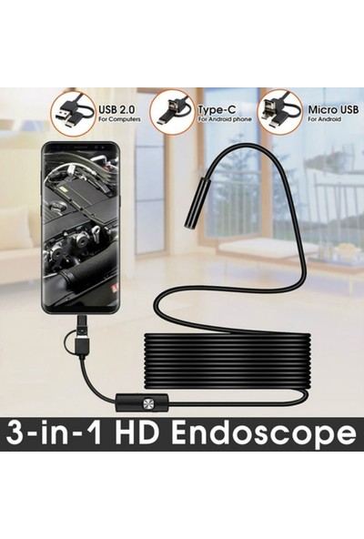 Skygo Endoskop 3 In 1 Yılan Kamera USB Micro USB Type-C 10M Sert Kablo