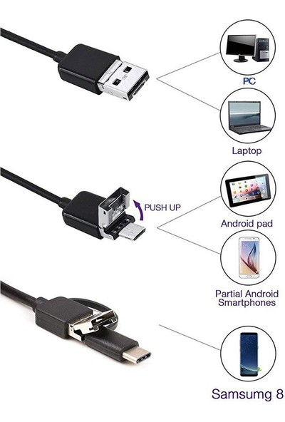 Skygo Endoskop 3 In 1 Yılan Kamera USB Micro USB Type-C 10M Sert Kablo