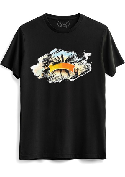 Palmiye Dijital Baskılı Siyah Tshirt