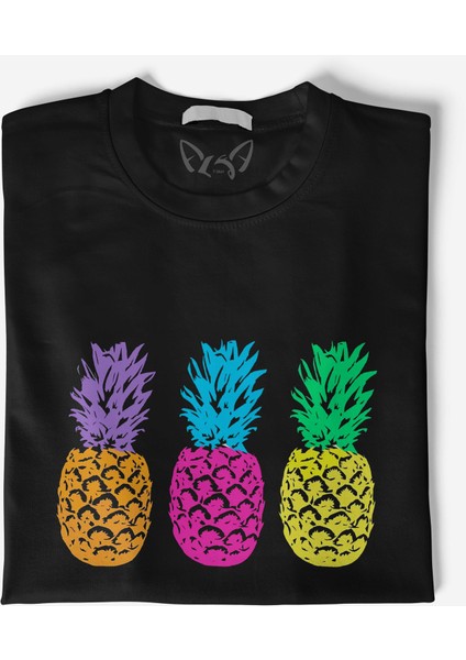Ananas Resimli Baskılı Siyah Tshirt