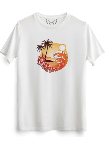 Palmiye Tasarımlı Baskılı Beyaz Tshirt