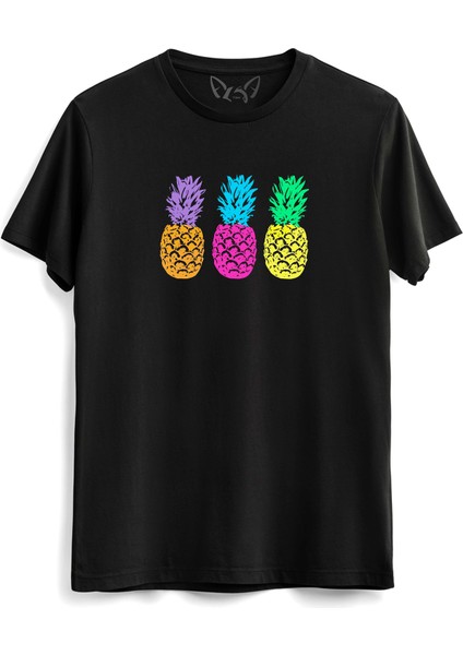 Ananas Resimli Baskılı Siyah Tshirt