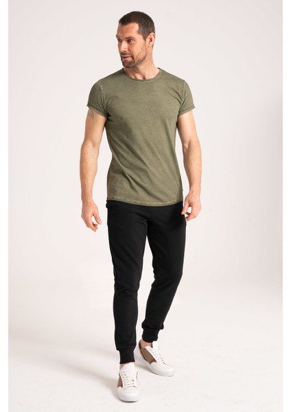 Yüksek Kalite %100 Pamuk Kumaş Arkası Uzun Erkek Tişört, Regular Fit Yağ Yıkama (Dirty Oil) Yeşil Tshirt fiyatları